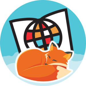 This is a circle version of the Saskatchewan Literacy Network logo, with a sleeping fox on it to celebrate Family Literacy Day 2022 and "Learning in the Great Outdoors"