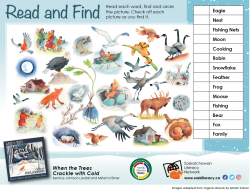 Image of a printable 'Read and Find' sheet with animals and outdoor activities