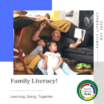 An adult and two children are under a blanket fort, reading a book together. This image is in honour of Family Literacy Day 2022