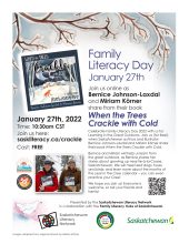 Image of livestream event poster for a reading of "When the Trees Crackle with Cold" in celebration of Family Literacy Day in Saskatchewan