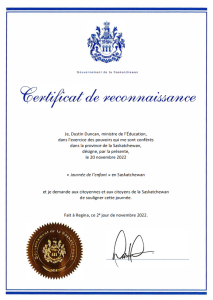 Image du certificat de reconnaissance de la journée de l'enfant en Saskatchewan 2022