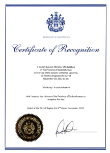 This is an image of the Certificate of Recognition for Child Day in Saskatchewan 2022 from the Government of Saskatchewan