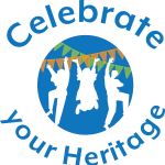 This is the logo for the 2023 Family Literacy Day theme: Celebrate your Heritage. It is a blue circle with white silhouettes of three people jumping in celebration, in front of two strings of coloured flags. It has the words "Celebrate your Heritage" around the blue circle.