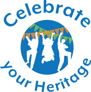 This is the logo for the 2023 Family Literacy Day theme: Celebrate your Heritage. It is a blue circle with white silhouettes of three people jumping in celebration, in front of two strings of coloured flags. It has the words "Celebrate your Heritage" around the blue circle.