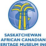 This is a logo for the Saskatchewan African Canadian Heritage Museum; it has the words of the museum's name and a stylized globe with an outline of the African continent behind a stylized sheaf of wheat in blue and yellow.