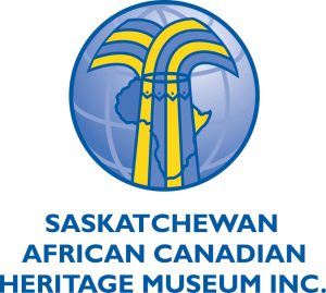 This is a logo for the Saskatchewan African Canadian Heritage Museum; it has the words of the museum's name and a stylized globe with an outline of the African continent behind a stylized sheaf of wheat in blue and yellow.