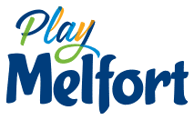 This is the logo for the City of Melfort. It has the words "Play Melfort" written, and the word "Play" is in colourful writing.