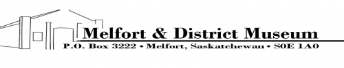 This is the logo for the Melfort and District Heritage Museum. It has those words, and their mailing address (P.O. Box 3222 Melfort, Saskatchewan S0E 1A0) on it, beside a line drawing of the building that hosts the indoor exhibits for the Museum.
