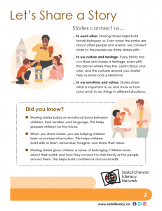 This is an image of the front side of SaskLiteracy's "Let's Share a Story" tip sheet.