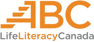 This is the logo for ABC Life Literacy Canada. It has ABC with the 'A' stylized along the left side as a stack of books layered like steps of learning and progress through literacy. 