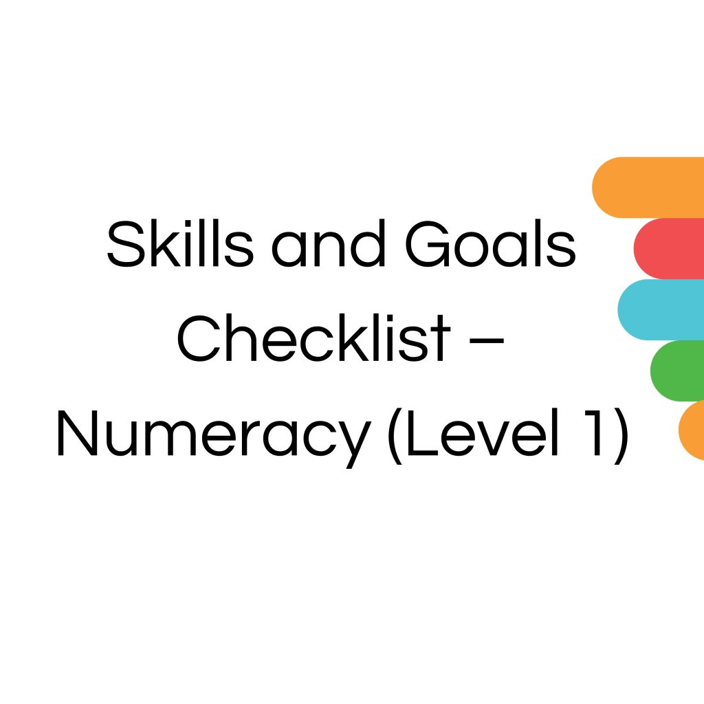 Checklist for Level 1 numeracy skills and goals with a list of items and checkboxes.