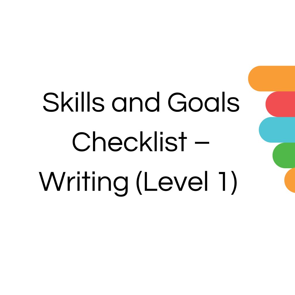 Checklist for Level 1 writing skills and goals with a list of items and checkboxes.