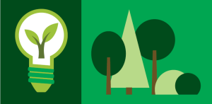 This image helps us think about What's Happening: Family Literacy Day in Saskatchewan. The theme for 2025 is "Learn to Be Green, Together" and this image is shades of green in vector images of a light bulb with a tree inside on the left, and a set of different kinds of trees on the right.