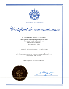 Voici une image du certificat de reconnaissance délivré par le gouvernement de la Saskatchewan pour la proclamation de la Journée de l'alphabétisation en Saskatchewan, en l'honneur de la Journée internationale de l'alphabétisation, le 8 septembre 2025, à la demande du Saskatchewan Literacy Network.