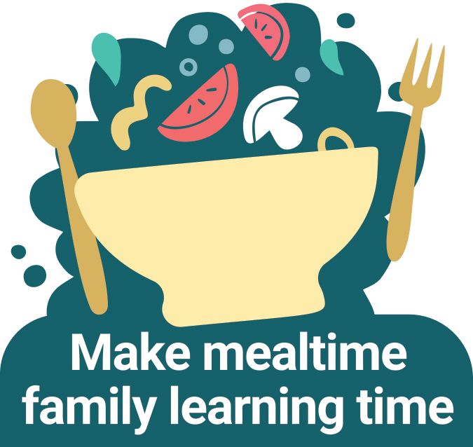 This image is for Family Literacy Day 2026, from ABC Life Literacy Canada. The image is of a stylized bowl with sliced vegetables popping out happily from it. There is a fork and a spoon beside it, ready to eat the tossed salad. Below the drawing is the theme for 2026: Make mealtime family learning time.