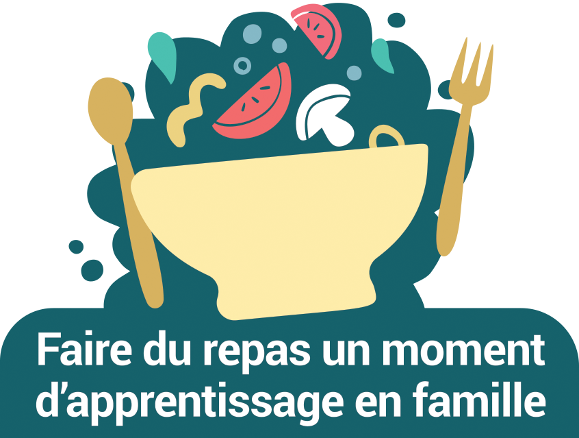 Cette image est destinée à la Journée de l'alphabétisation familiale 2026, organisée par ABC Alpha pour la vie Canada. Elle représente un bol stylisé d'où jaillissent joyeusement des tranches de légumes. À côté, une fourchette et une cuillère sont prêtes à servir la salade composée. Sous le dessin figure le thème de 2026 : « Faites du repas un moment d'apprentissage en famille ».