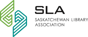 This is the logo for the Saskatchewan Library Association. The text reads "SLA Saskatchewan Library Association" on the right. On the left are two stylized stacks of simplified book edges in L-shapes. Together, the two Ls make up a stylized S.